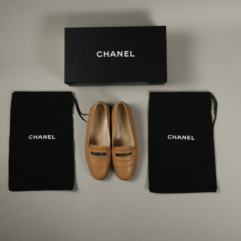 CHANEL Brown Caviar Leather Loafers